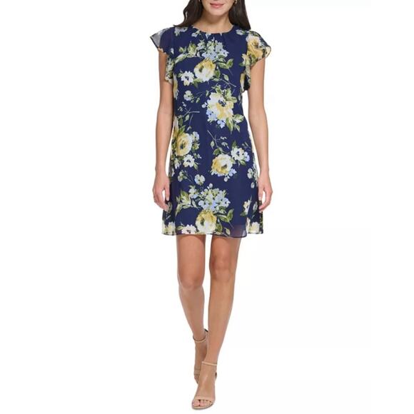 New JESSICA HOWARD Floral-Print Flutter-Sleeve A-Line Dress Women's SIZE 10 - Picture 1 of 9